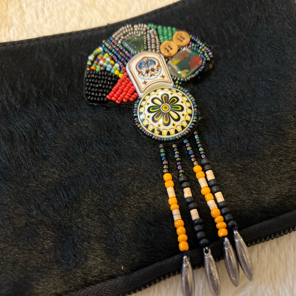 Authentic Italian Leather & Pony Hair Crossbody Bag & Wristlet, Beaded Design - Picture 2 of 7